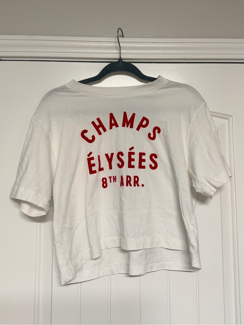 American Eagle Outfitters White Crop Tee with Red Champs Élysées Graphic